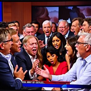 Women and Men shouting durning an interview.